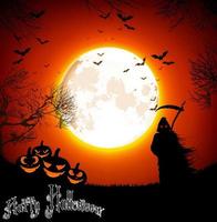 Halloween-Hintergrund mit Gespenst und Kürbissen auf dem Vollmond. Vektor