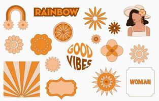 samling av hippiedesign med orange blomma, sol, regnbåge, kvinna vektor