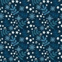 Weihnachten Musterdesign auf dunklem Hintergrund. schöne Zweige, Sterne, Schneeflocken und Tupfen. Vektor im flachen Stil.