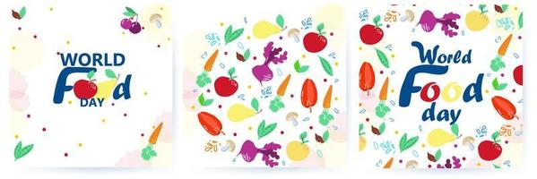 Abbildung zum Welternährungstag. 16. oktober. gemüse und obst, pilze, kräuter und gewürze. satz bunte lebensmittelhintergründe. vektor