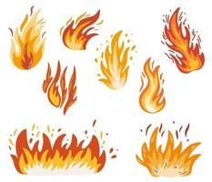 Feuer gesetzt. feurige Flamme, heller Feuerball, thermisches Waldfeuer und ein glühendes Lagerfeuer. Flammen in verschiedenen Formen. Vektor-Feuer-Flamme-Icons im Cartoon-Stil. vektor