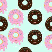 Vektornahtlose Musterillustration von Donuts in Schokolade und rosa Glasur im Kawaii-Stil auf hellgrünem Hintergrund vektor