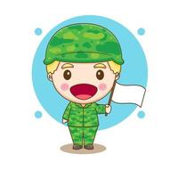 söt soldat håller vit flagga chibi seriefigur vektor