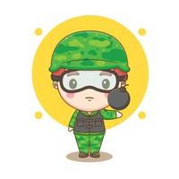 süßer soldat, der bomben-chibi-zeichentrickfigur hält vektor