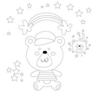 süße Fantasy-Malseite mit Babybär, der einen Hut hält vektor