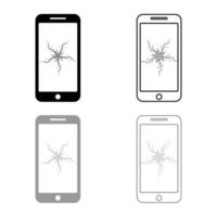 Smartphone mit Crash-Touchscreen-Icon-Gliederungsset schwarzgraue Farbvektorillustration Flat Style Image vektor