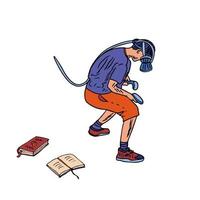 Junge, der ein Virtual-Reality-Spiel spielt. Er hat Bücher auf den Boden geworfen, weil er kein Interesse am Lernen hat. Konzept der Videospielsucht. hand gezeichnete illustration lokalisiert auf weißem hintergrund vektor