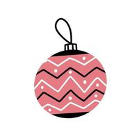 weihnachtsbaumspielzeug rosa ball mit verschiedenen eckigen schwarzen und weißen linien und punkten im einfachen gekritzelstil. vektor