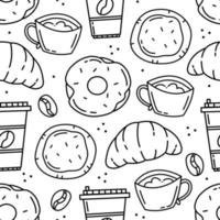 nahtloses muster handgezeichnet mit schwarz-weißen donuts, kaffee, bechern, croissants, kaffeetassen auf weißem hintergrund. Vektor-Doodle-Illustration. Design für Verpackung, Tapete, Hintergrund. vektor