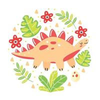 set mit dinosaurier stegosaurus mit blättern im cartoon-stil. dinosaurier, blätter, blumen in kreisform. Vektor-Illustration isoliert auf weißem Hintergrund. vektor