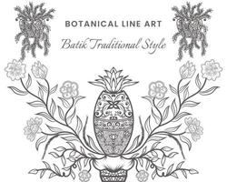 linjeteckning botanisk batik traditionell stil, linjekonst svart med blommig. vektor