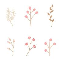 set med vårkvistar och blommor i en mysig rustik stil av rosa och beige. vektor enkel okomplicerad illustration för design, dekoration av vykort, inbjudningar.