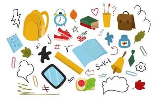 zurück zur Schule, eine Sammlung von handgezeichneten Cliparts. Rucksack, Accessoires, Pinsel, Turnschuhe, Lineal, Tablet, Wecker, Notizbuch. vektorillustration isoliert. vektor