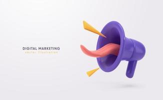 vektorillustration des digitalen marketings. megaphon mit menschlicher zunge social media marketing banner vorlage. Lila 3D-Cartoon-Lautsprecher auf hellem Hintergrund vektor
