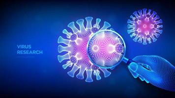 virusforschungskonzept mit lupe in drahtgitterhand und abstrakten neuartigen coronavirus-bakterien. lupe und viruszelle hautnah. Coronavirus 2019-ncov. Covid19. 3D-Vektor-Illustration. vektor