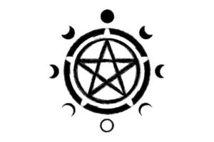 pentacle cirkel symbol och faser av månen. wiccansymbol, fullmåne, avtagande, vaxning, första kvartalet, gibbous, halvmåne, tredje kvartalet. vektor mystisk grunge logotyp isolerad på vit bakgrund