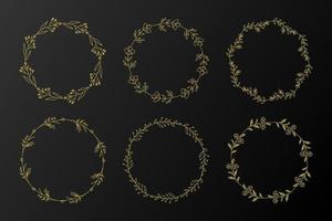 Set aus 6 handgezeichneten goldenen Blumenkränzen und Lorbeerrahmen