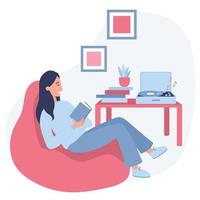 Mädchen sitzt mit Buch zu Hause in einem Sitzsack. Frau hört Musik. flache Vektordarstellung auf weißem Hintergrund. vektor