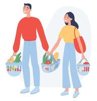 flache Vektordarstellung auf weißem Hintergrund. junges Paar kauft Lebensmittel im Shop. vektor