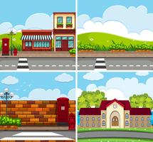 Vier Szenen mit Gebäuden und Straße vektor