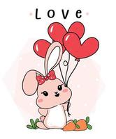 söt baby kanin rosa med hjärtformade ballonger, tecknad kontur, kärlek vektor