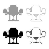 Elektrischer Holz-Tauchfräser mit fester Basis, Elektrowerkzeug in der Hand, das Elektrowerkzeug hält, Arm mit Instrumentenset-Symbol, grau, schwarz, Farbvektorillustration, flaches Stilbild vektor