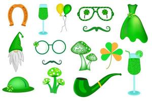 st patrick's day element vektor set. Saint Patricks rökpipa, hästsko, glasögon, klöver, grön hatt, svamp, ölglas, tomte och ballongvektor