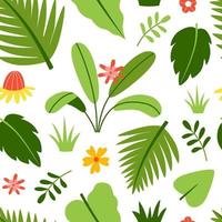 Palmblätter und helle tropische Blumen in einem nahtlosen Vektormuster. lustiger Druck mit exotischen Pflanzen für Kindertextilien oder zum Bedrucken beliebiger Oberflächen vektor