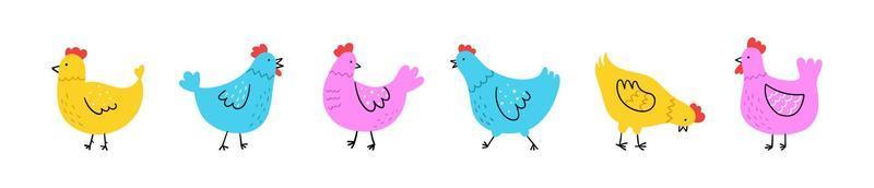handritad söt kyckling set. doodle skiss stil. horisontell banderoll med roliga tamfåglar. gård och fjäderfä koncept. enkel vektorillustration. vektor