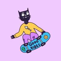 Hype Black Cat Freestyle mit Skateboard, Illustration für T-Shirt, Aufkleber oder Bekleidungswaren. im Retro-Cartoon-Stil. vektor