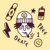 doodle samling av mannen i mössa, skateboard, åska, leende ansikte, burk och stjärna. illustration för t-shirt, affisch, logotyp, klistermärke eller klädesplagg. vektor