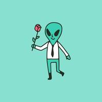 romantischer Alien im Geschäftsmannanzug und mit Rosen, Illustration für T-Shirt, Aufkleber oder Bekleidungswaren. im Retro-Cartoon-Stil. vektor