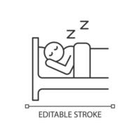 Schlaf lineares Symbol. Person, die fest im Bett schläft. alltäglichen Alltag. gesunder Schlaf. dünne linie anpassbare illustration. Kontursymbol. Vektor isoliert Umrisszeichnung. editierbarer Strich