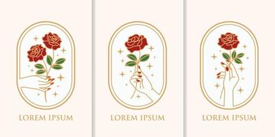 hand gezeichnete vintage hand, die das ästhetische logo der femininen schönheit der rosenblume hält vektor