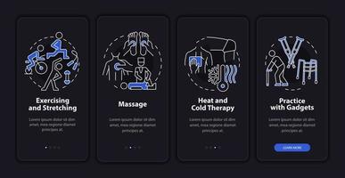 pt treatments dark onboarding mobilapp sidskärm. fysisk hälsa. fysioterapi genomgång 4 steg grafiska instruktioner med koncept. ui, ux, gui vektormall med linjära färgillustrationer vektor