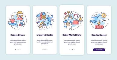 vorteile des life balance onboarding mobile app-bildschirms. Wellbeing Walkthrough 4 Schritte grafische Anleitungsseiten mit linearen Konzepten. ui, ux, gui-Vorlage. Unzählige pro-fette, normale Schriftarten werden verwendet vektor