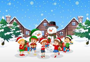 jul med barn på snöig blå bakgrund vektor