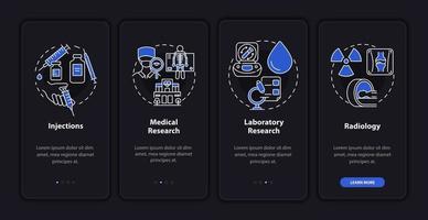 Arthritis-Klinikdienste beim Onboarding des dunklen Seitenbildschirms der mobilen App. Walkthrough für das Gesundheitswesen 4 Schritte, grafische Anweisungen mit Konzepten. ui, ux, gui-vektorvorlage mit linearen nachtmodusillustrationen vektor