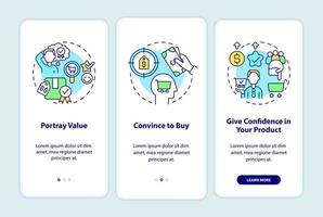 gute Preisstrategiemerkmale beim Onboarding des Bildschirms der mobilen App. Komplettlösung 3 Schritte grafische Anleitungsseiten mit linearen Konzepten. ui, ux, gui-Vorlage. Unzählige pro-fette, normale Schriftarten werden verwendet vektor