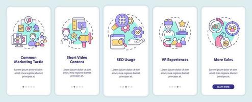 aktuelle marketingtrends auf dem bildschirm der mobilen app. Bewerben Sie Walkthrough 5 Schritte grafische Anleitungsseiten mit linearen Konzepten. ui, ux, gui-Vorlage. Unzählige pro-fette, normale Schriftarten werden verwendet vektor
