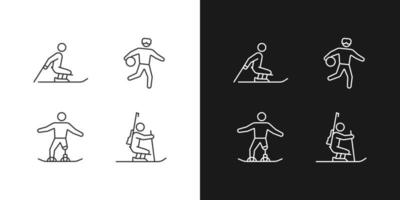 Lineare Symbole für die Leichtathletik der Wintersaison, die für den Dunkel- und Hellmodus eingestellt sind. adaptiver Leistungssport. Behinderte Sportler. anpassbare dünne Liniensymbole. isolierte vektorumrissillustrationen. editierbarer Strich vektor