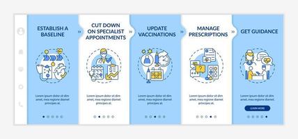 skäl att besöka läkare årligen onboarding vektor mall. responsiv mobilwebbplats med ikoner. webbsida genomgång 5 steg skärmar. medicinska kontroller färgkoncept med linjära illustrationer