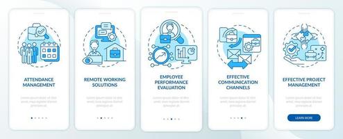 Vorteile der Mitarbeiterüberwachung Blauer Onboarding-Bildschirm der mobilen App-Seite. Work Tracking Walkthrough 5 Schritte grafische Anweisungen mit Konzepten. ui, ux, gui-vektorvorlage mit linearen farbillustrationen vektor