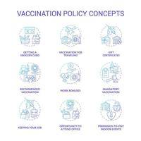 vaccination policy blå gradient koncept ikoner set. vaccination mot coronavirus idé tunn linje färgillustrationer. möjlighet att närvara på kontoret. få matkort. vektor isolerade konturritningar