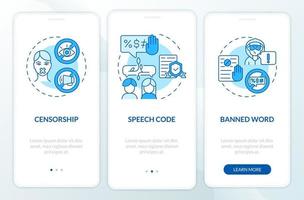 Einschränkungen für Hassreden beim Onboarding auf dem Bildschirm der mobilen App. Speech Code Walkthrough 3 Schritte grafische Anweisungen mit Konzepten. ui, ux, gui-vektorvorlage mit linearen farbillustrationen vektor