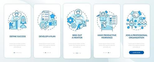 steg för karriäravancemang blå onboarding-sidan för mobilapp. framgång genomgång 5 steg grafiska instruktioner med koncept. ui, ux, gui vektormall med linjära färgillustrationer vektor