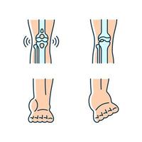 Arthritis-Beinschmerzen RGB-Farbsymbole gesetzt. Arthrose. Bursitis-Zustand. Muskeln anspannen. verstauchte Knöchelbänder. isolierte Vektorgrafiken. einfache Sammlung gefüllter Strichzeichnungen vektor