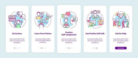 Glücks-Mentalitätsstrategien beim Onboarding des Bildschirms der mobilen App-Seite. Walkthrough zur Zielerreichung 5 Schritte grafische Anleitung mit Konzepten. ui, ux, gui-vektorvorlage mit linearen farbillustrationen vektor