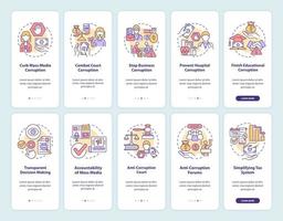 Korruption beim Onboarding auf der Seite der mobilen App. Beschädigte Regierung Walkthrough 5 Schritte grafische Anweisungen mit Konzepten. ui, ux, gui-vektorvorlage mit linearen farbillustrationen vektor