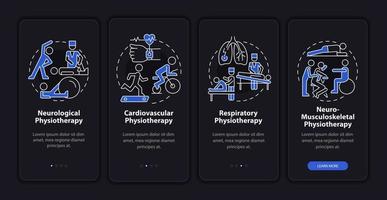 physiotherapie dunkler onboarding-bildschirm der mobilen app-seite. Physiotherapie-Typen Walkthrough 4 Schritte grafische Anweisungen mit Konzepten. ui, ux, gui-vektorvorlage mit linearen farbillustrationen vektor